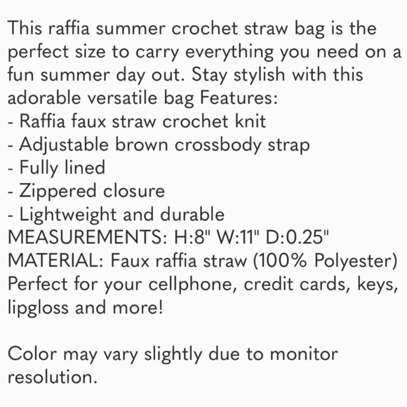 Raffia Summer Crochet Straw Bag Crossbody Zipper Closure - Picture 2 of 2